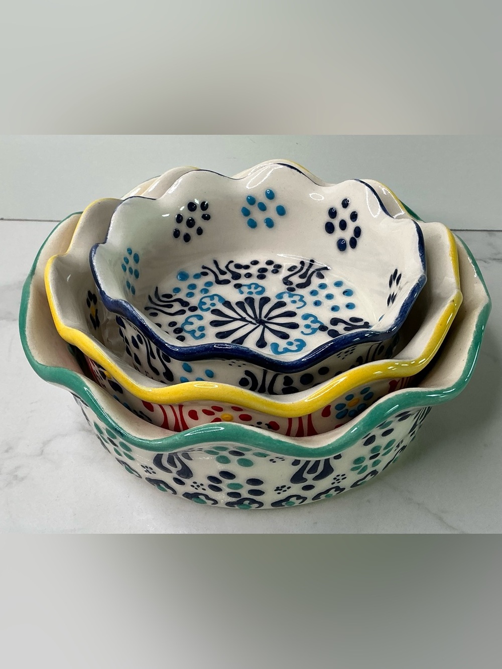 Hand-Painted Ceramic Scalloped Bowl (Blue, Yellow, Green)